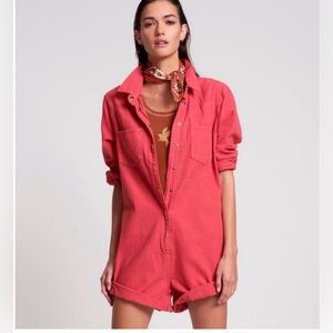 One Teaspoon Prophecy Long Sleeve Cotton Cargo Romper Apple Red